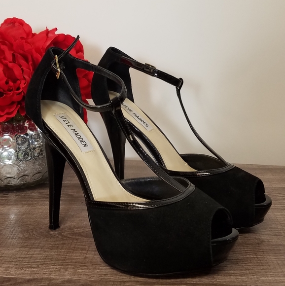 Steve Madden Shoes Heels T-Strap Maggie Black 8 - Picture 2 of 6